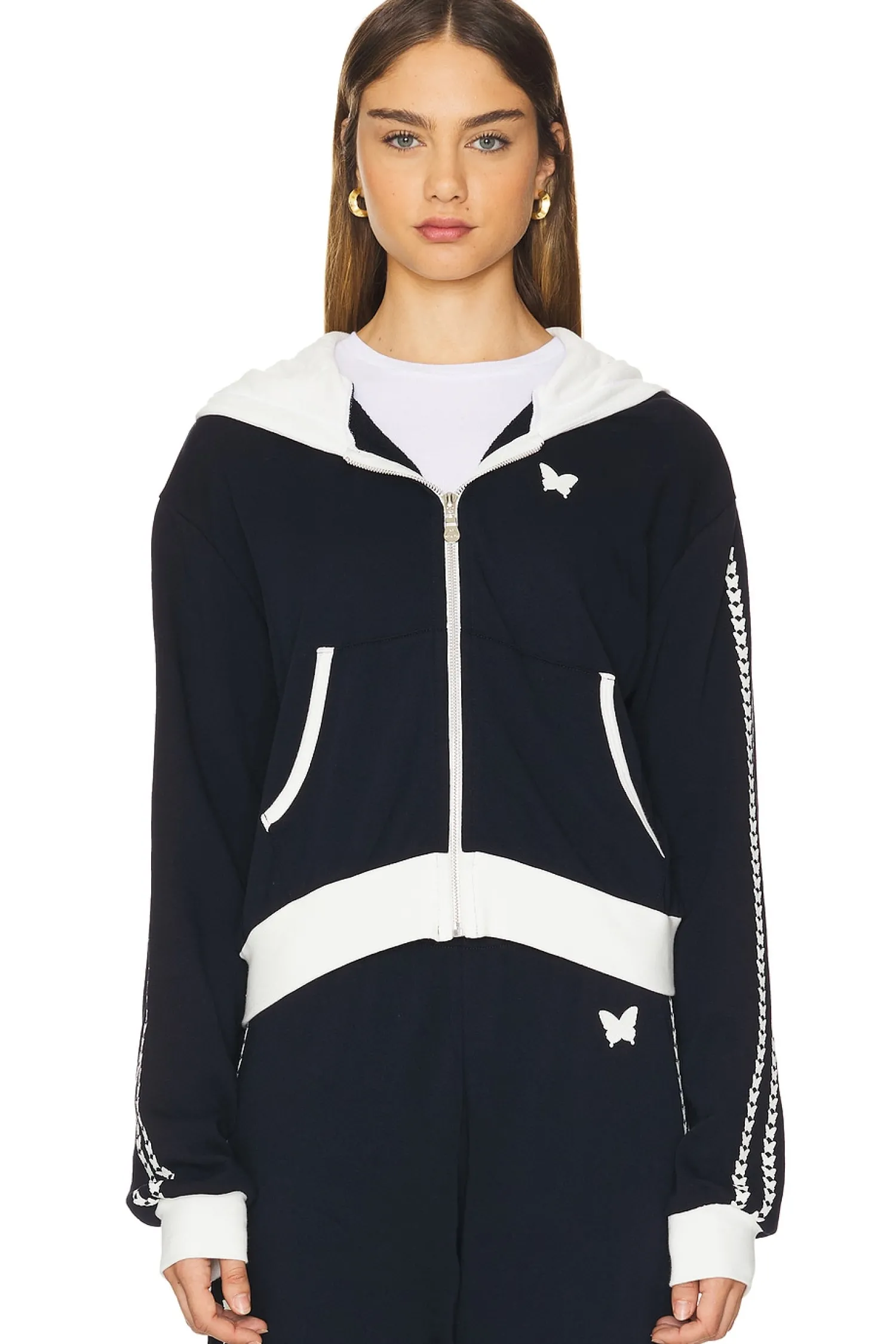 Women Lauren Moshi Loungewear>Audri Color Block Crop Happyface Zip Up Hoodie