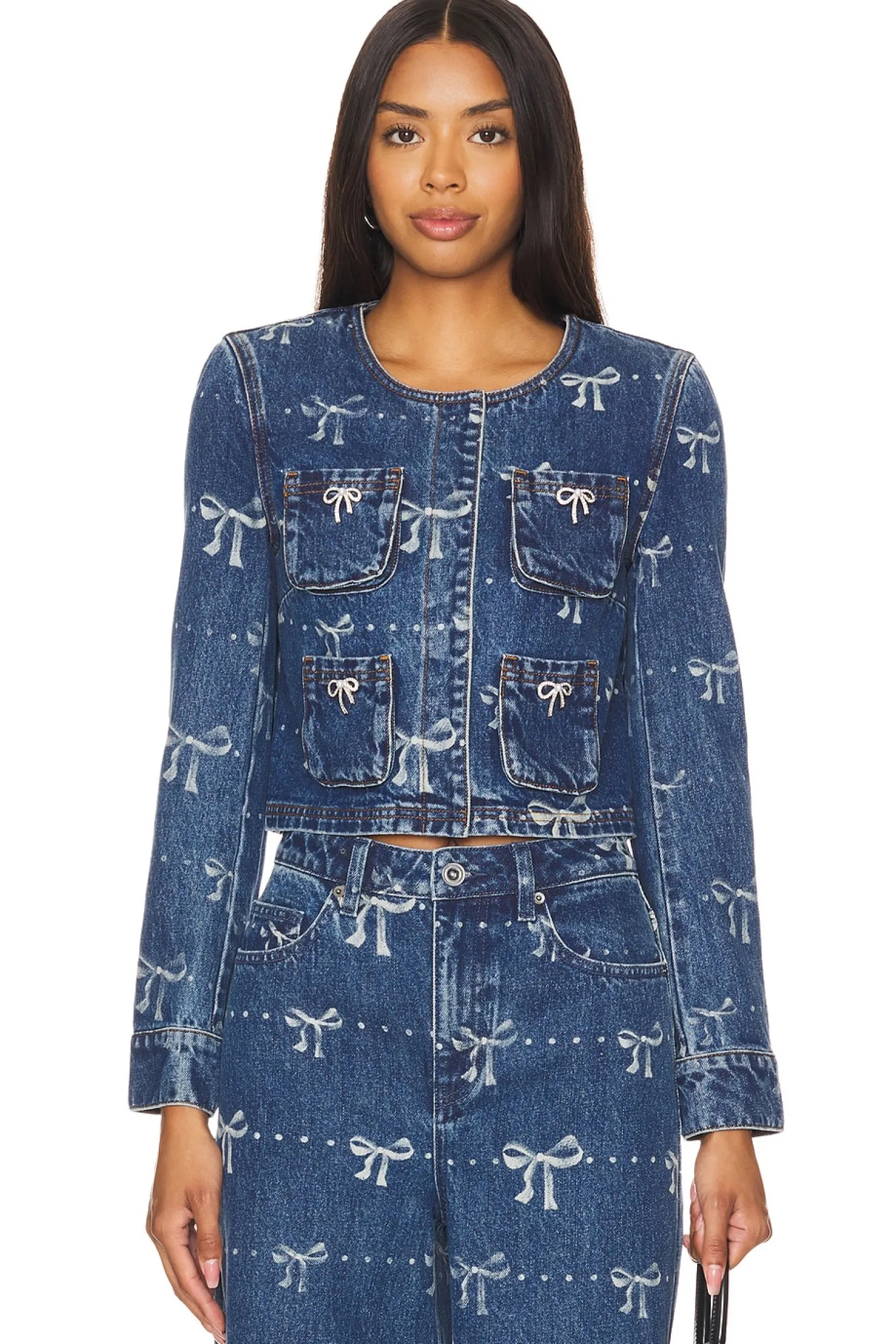 Women self-portrait Jackets & Coats>Bow Print Denim Jacket
