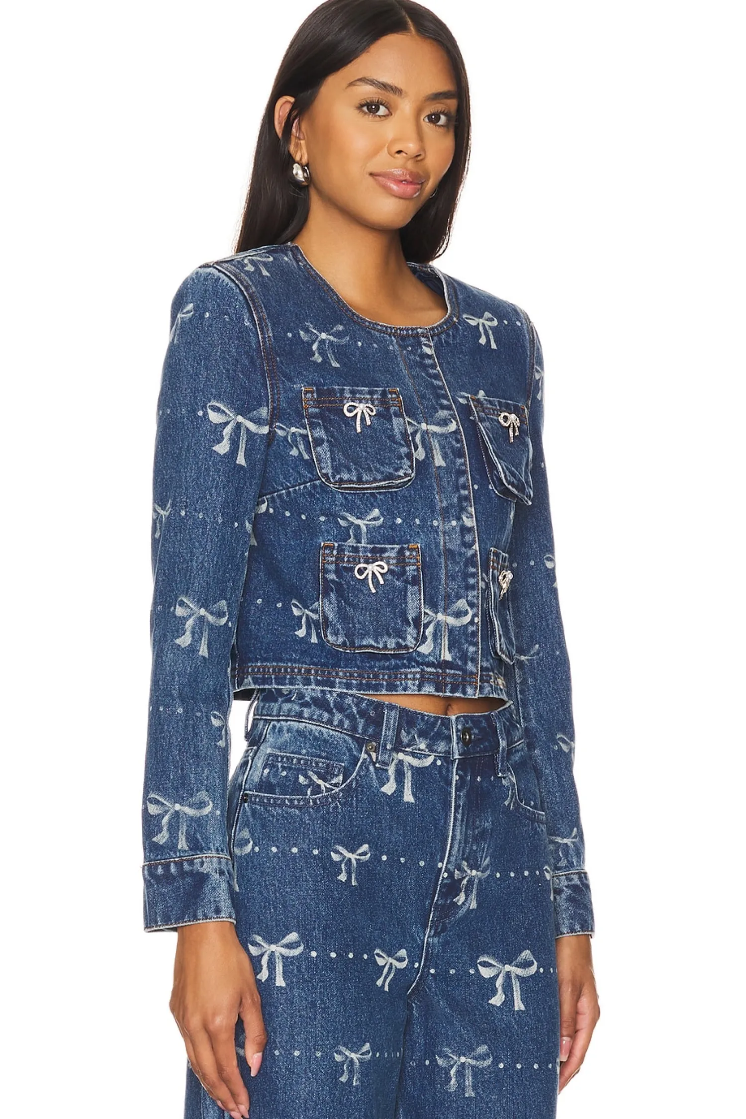 Women self-portrait Jackets & Coats>Bow Print Denim Jacket