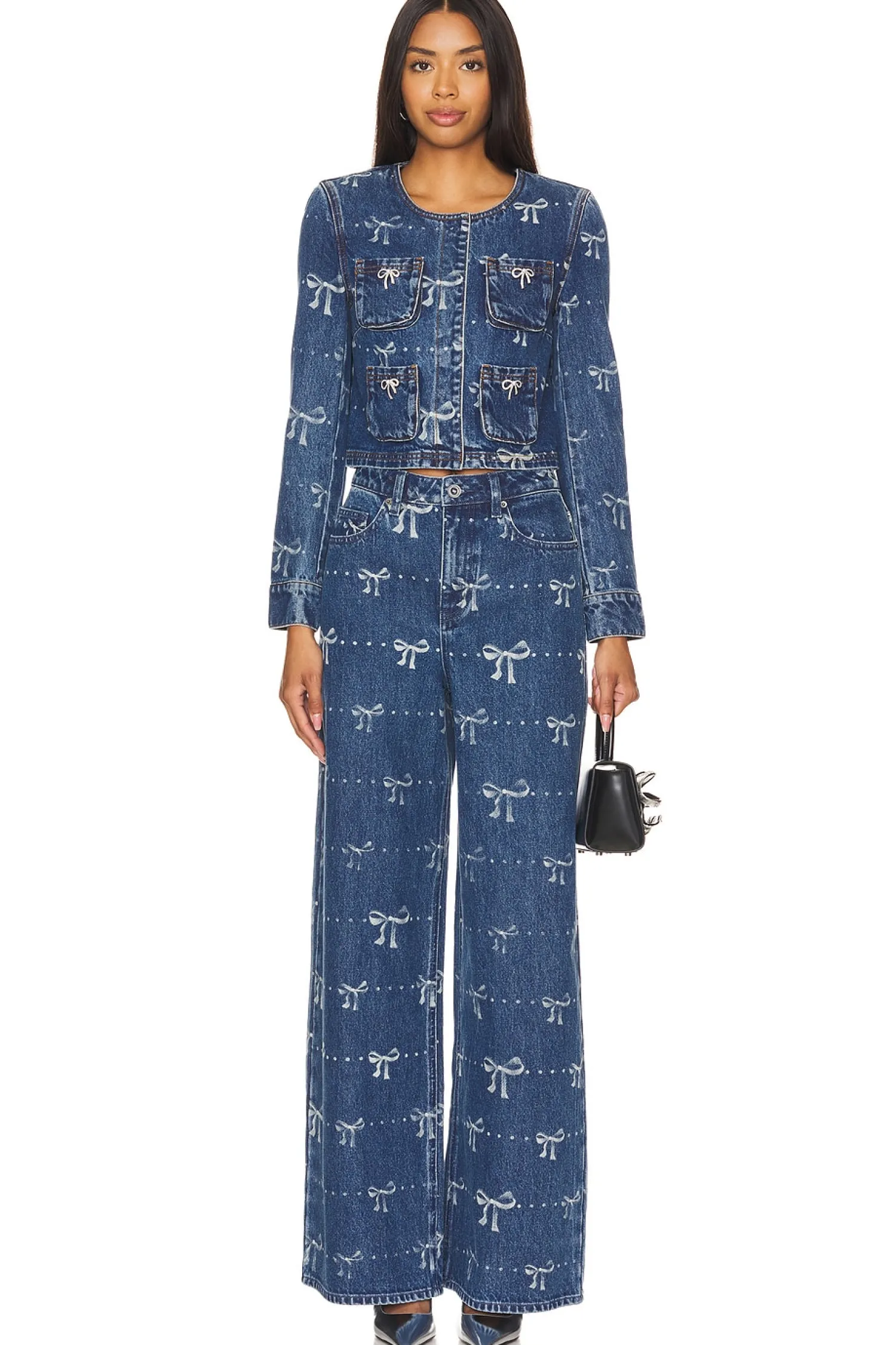 Women self-portrait Jackets & Coats>Bow Print Denim Jacket