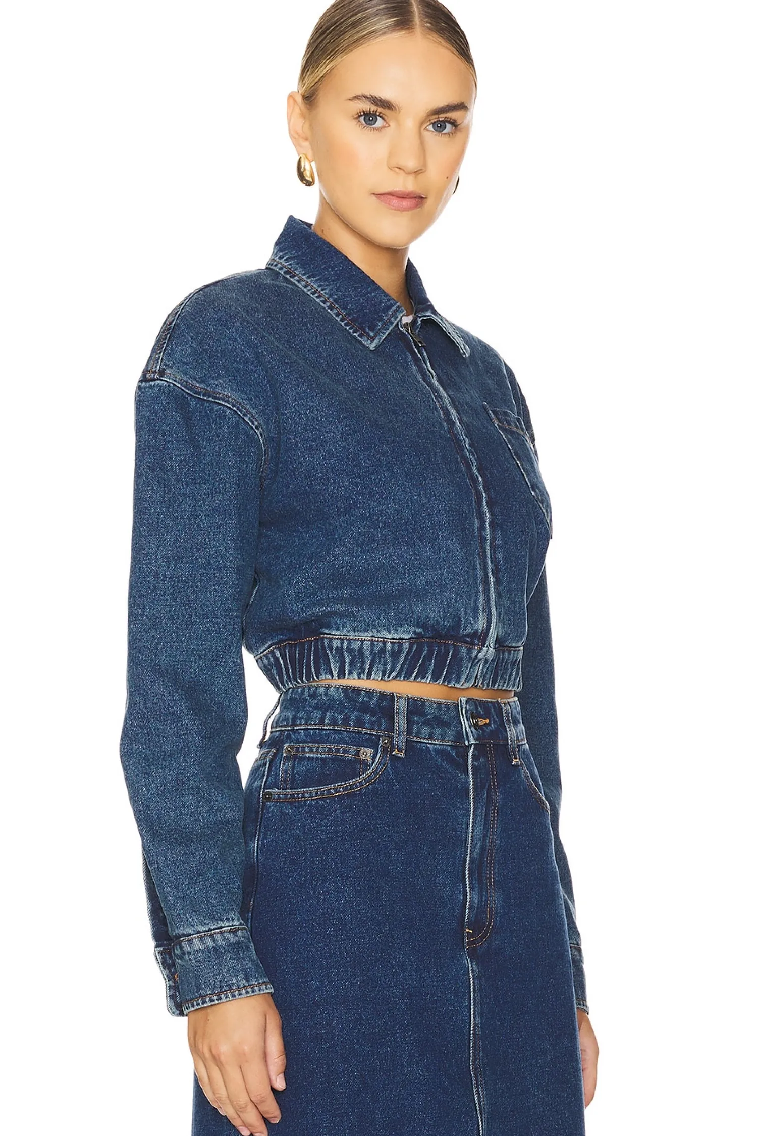 Women Bardot Jackets & Coats>Cropped Bomber Denim Jacket