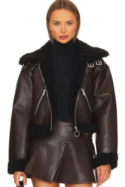 Women WeWoreWhat Jackets & Coats>Cropped Sherpa Moto Jacket