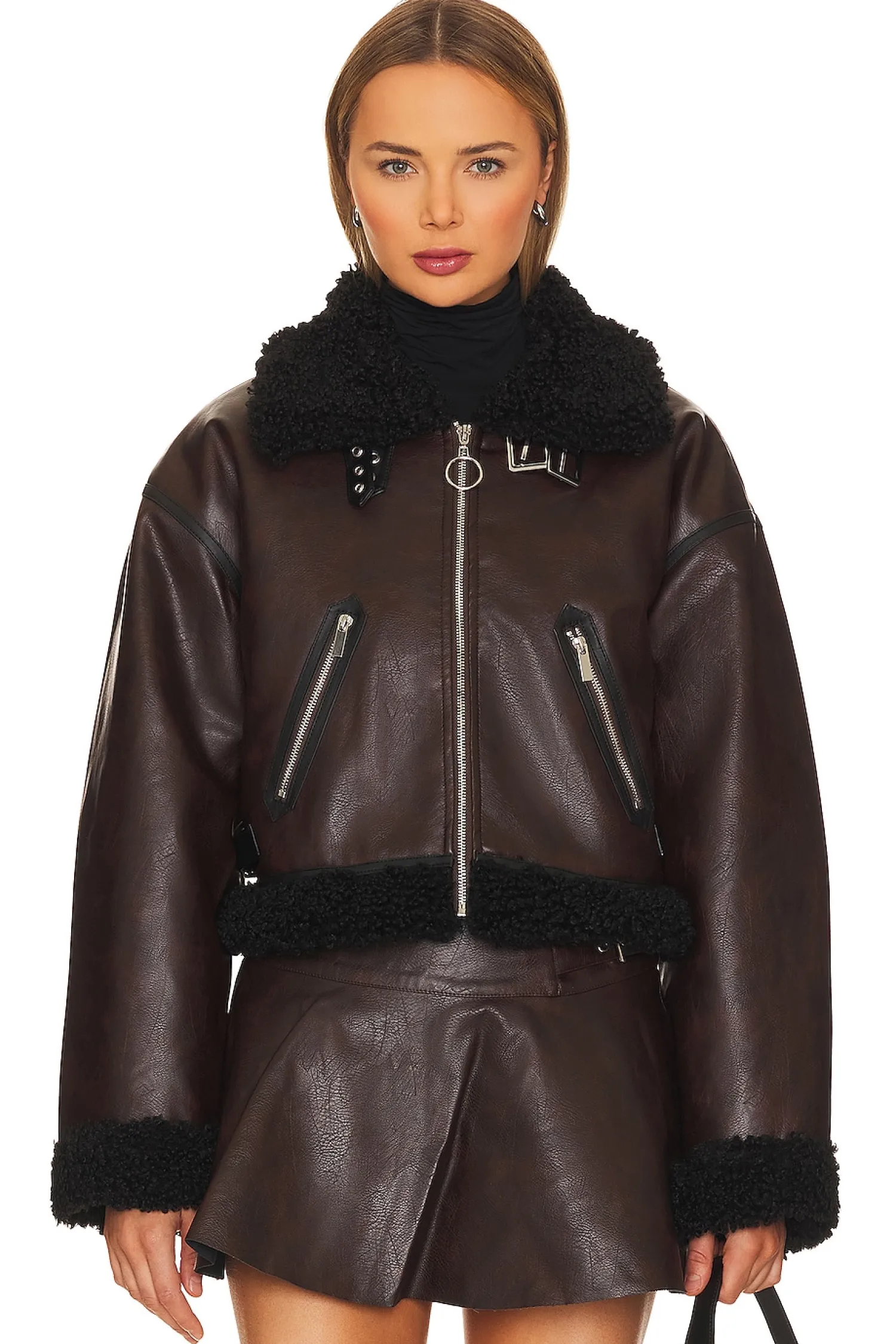 Women WeWoreWhat Jackets & Coats>Cropped Sherpa Moto Jacket