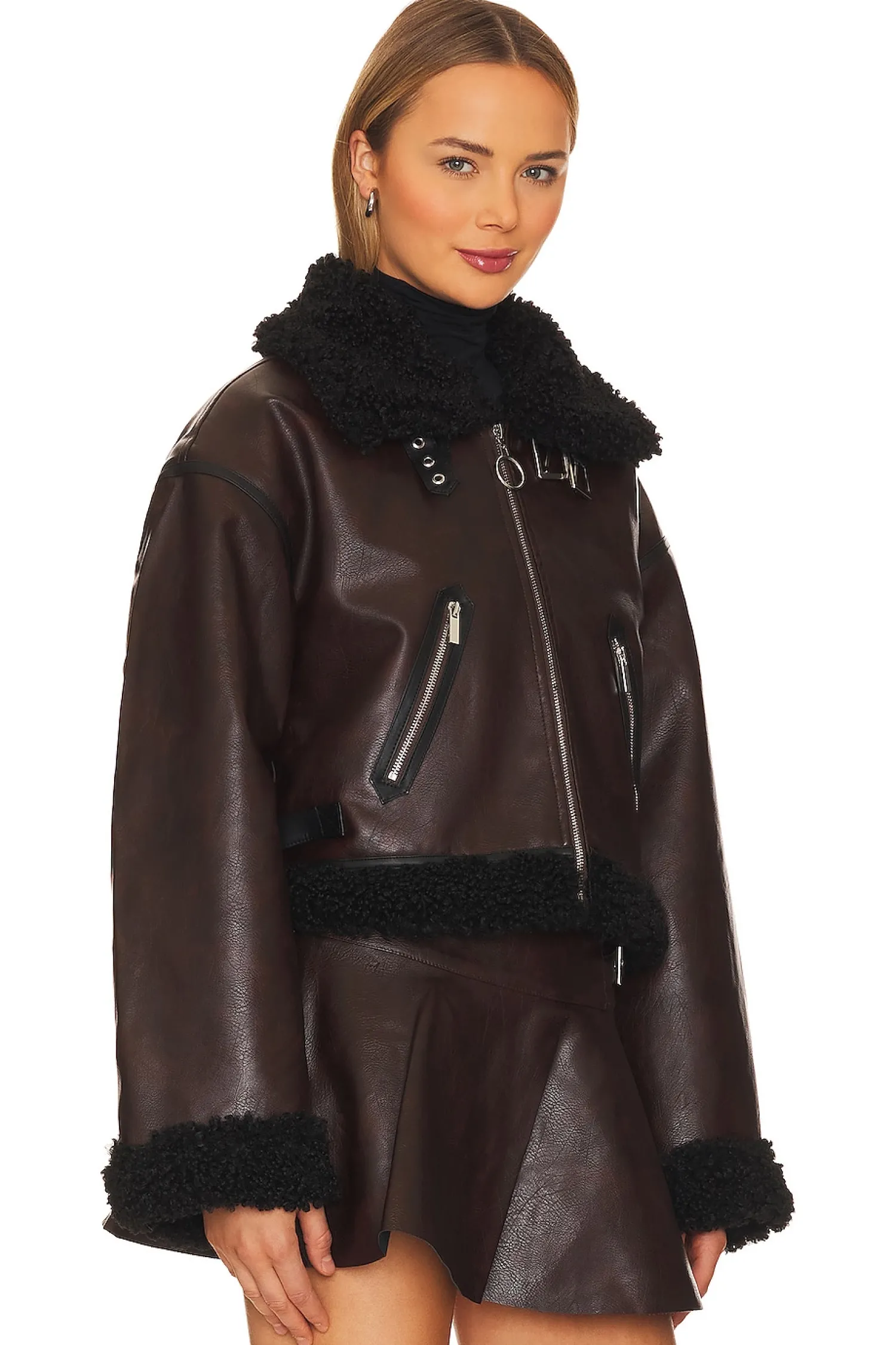 Women WeWoreWhat Jackets & Coats>Cropped Sherpa Moto Jacket