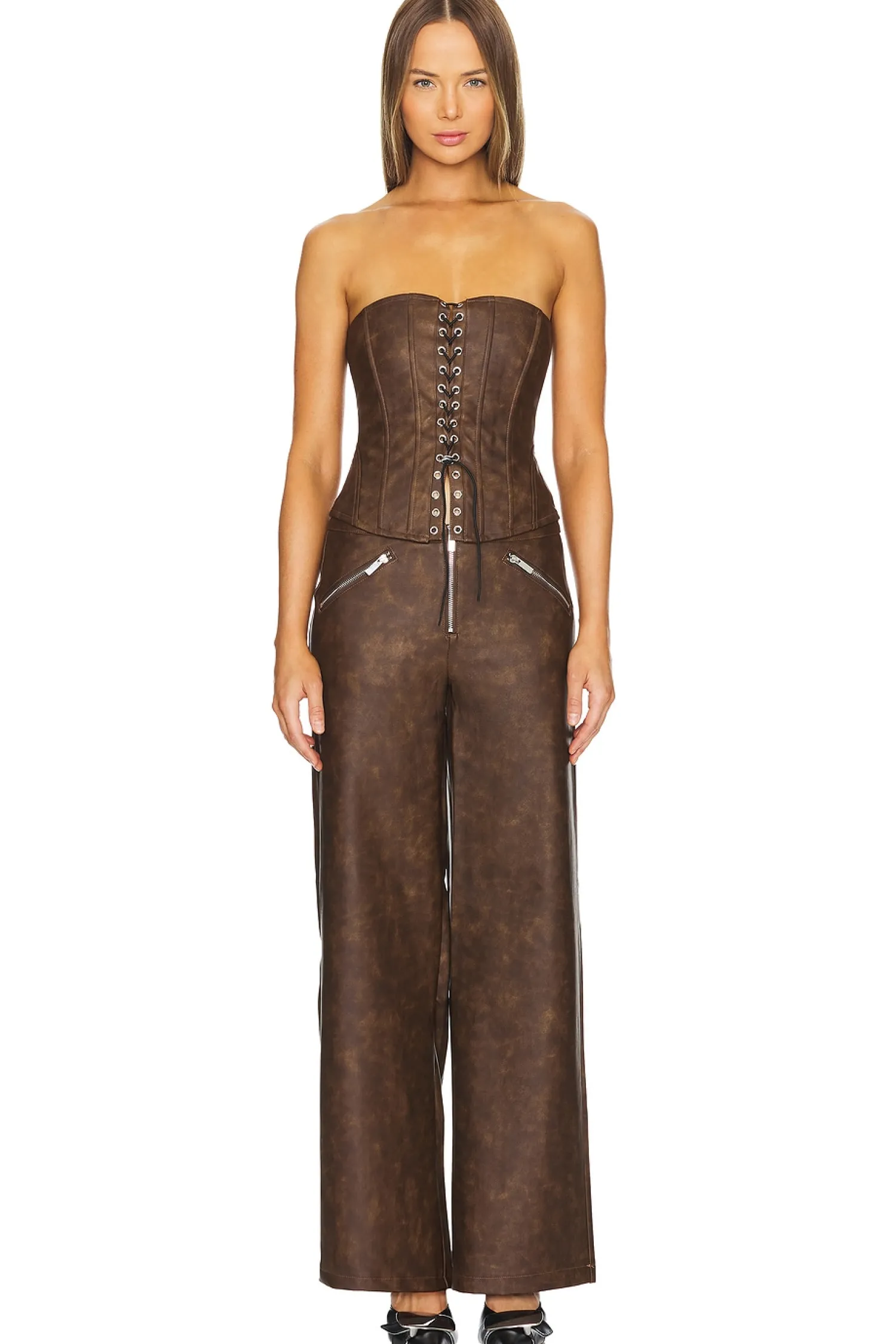 Women WeWoreWhat Matching Sets>Faux Leather Lace Front Corset