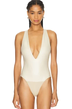 Women Lapointe Matching Sets>Faux Leather Plunge Neck Bodysuit