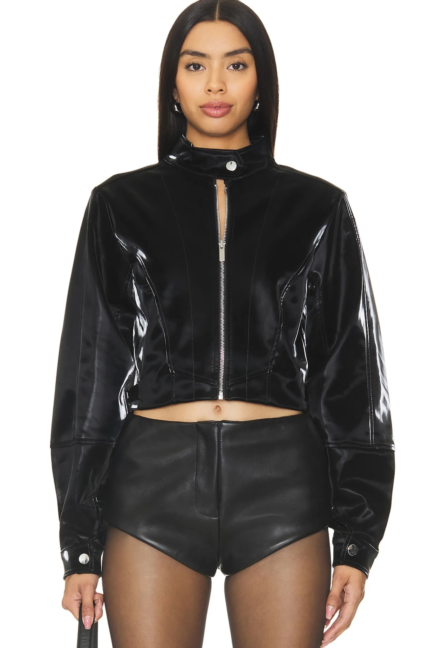 Women WeWoreWhat Jackets & Coats>Faux Patent Leather Cropped Moto Jacket