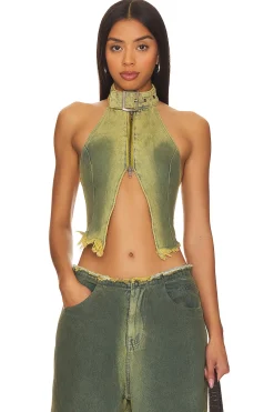 Women Jaded London Matching Sets>Green Denim Buckle Neck Top