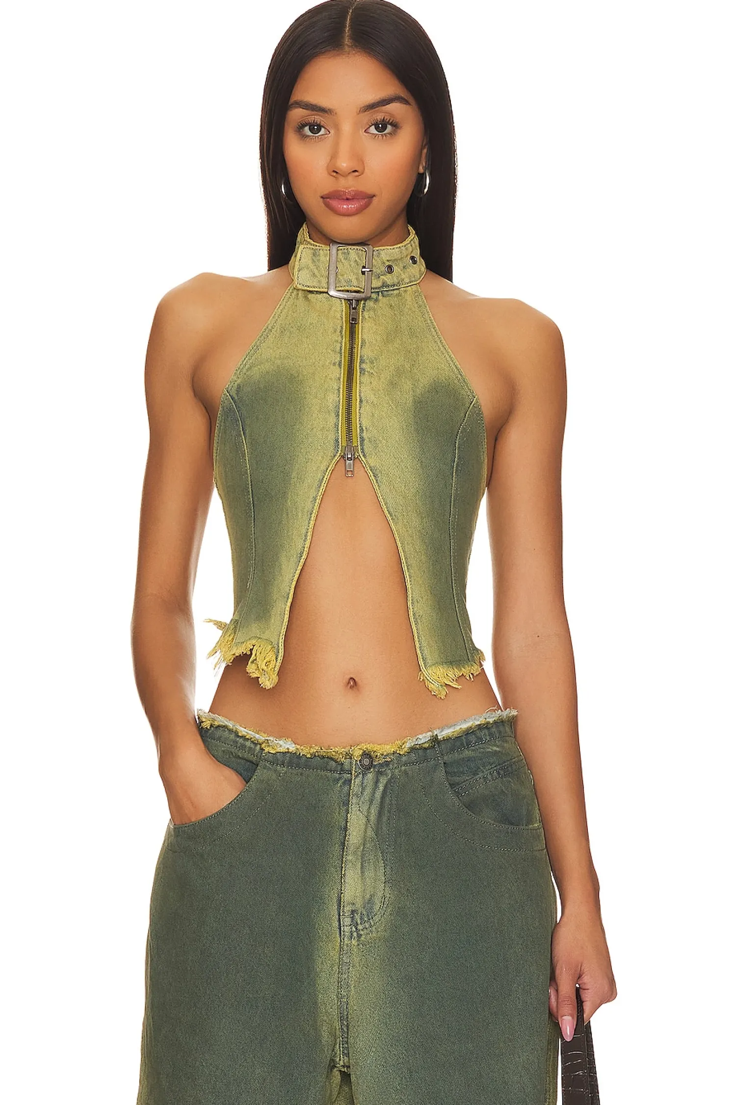 Women Jaded London Matching Sets>Green Denim Buckle Neck Top