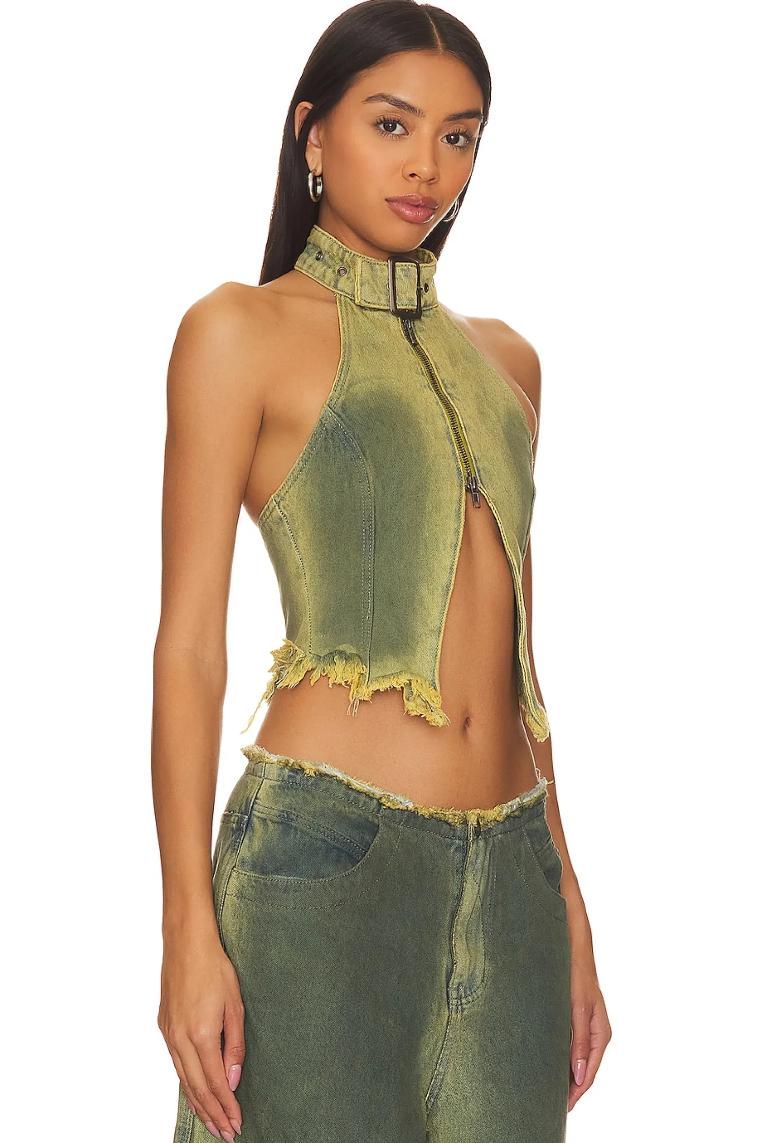 Women Jaded London Matching Sets>Green Denim Buckle Neck Top
