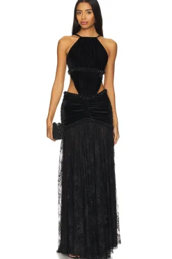Women PatBO Dresses>High Neck Velvet And Lace Gown