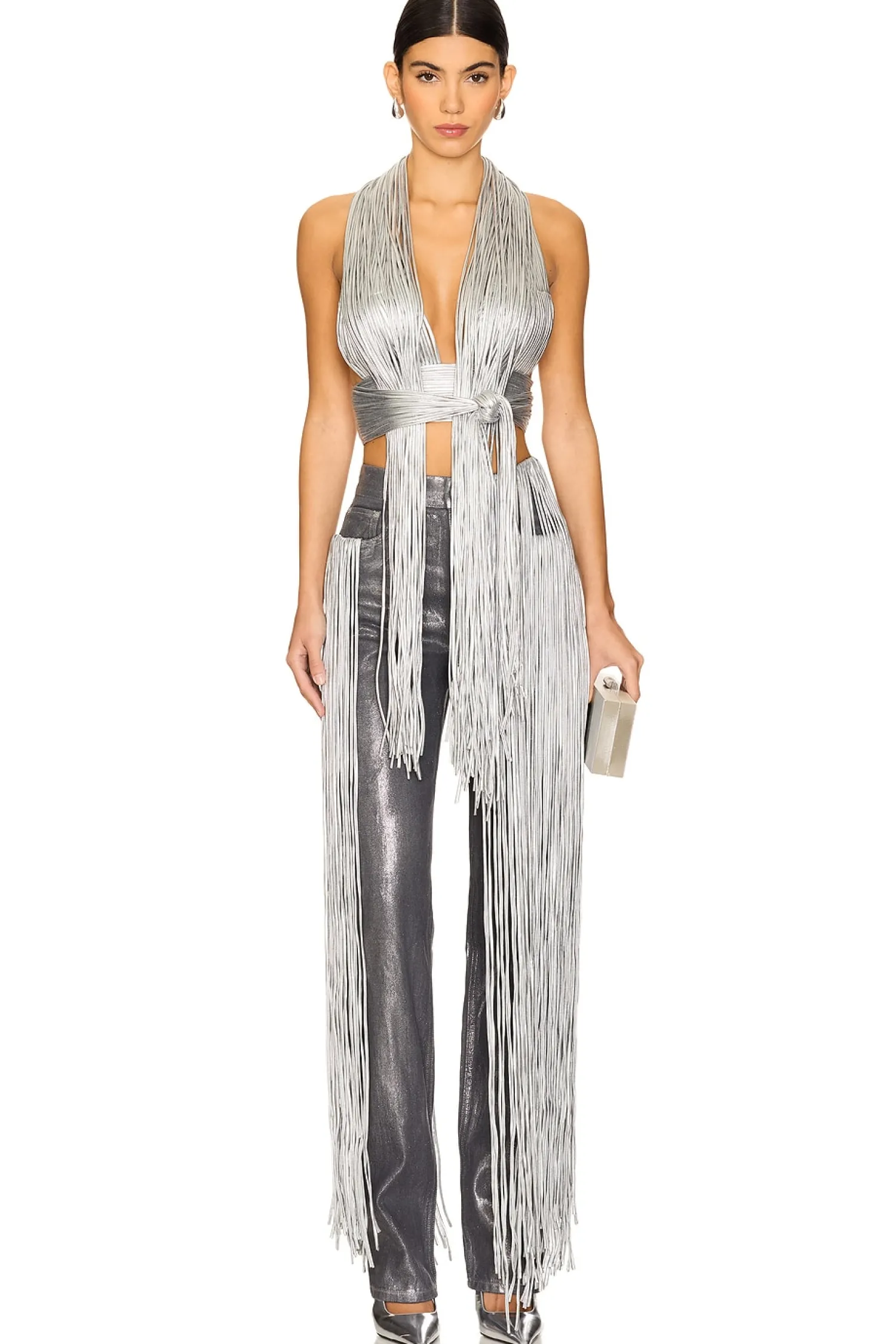Women AREA Pants>Metallic Fringe Straight Leg Pant