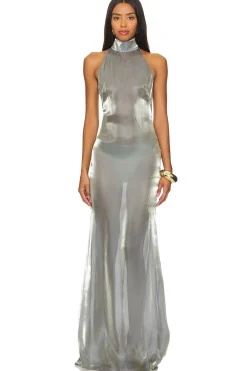 Women Lapointe Dresses>Metallic Organza Halter Open Back Gown