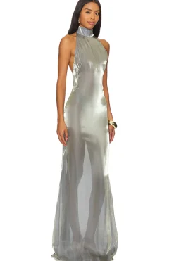 Women Lapointe Dresses>Metallic Organza Halter Open Back Gown