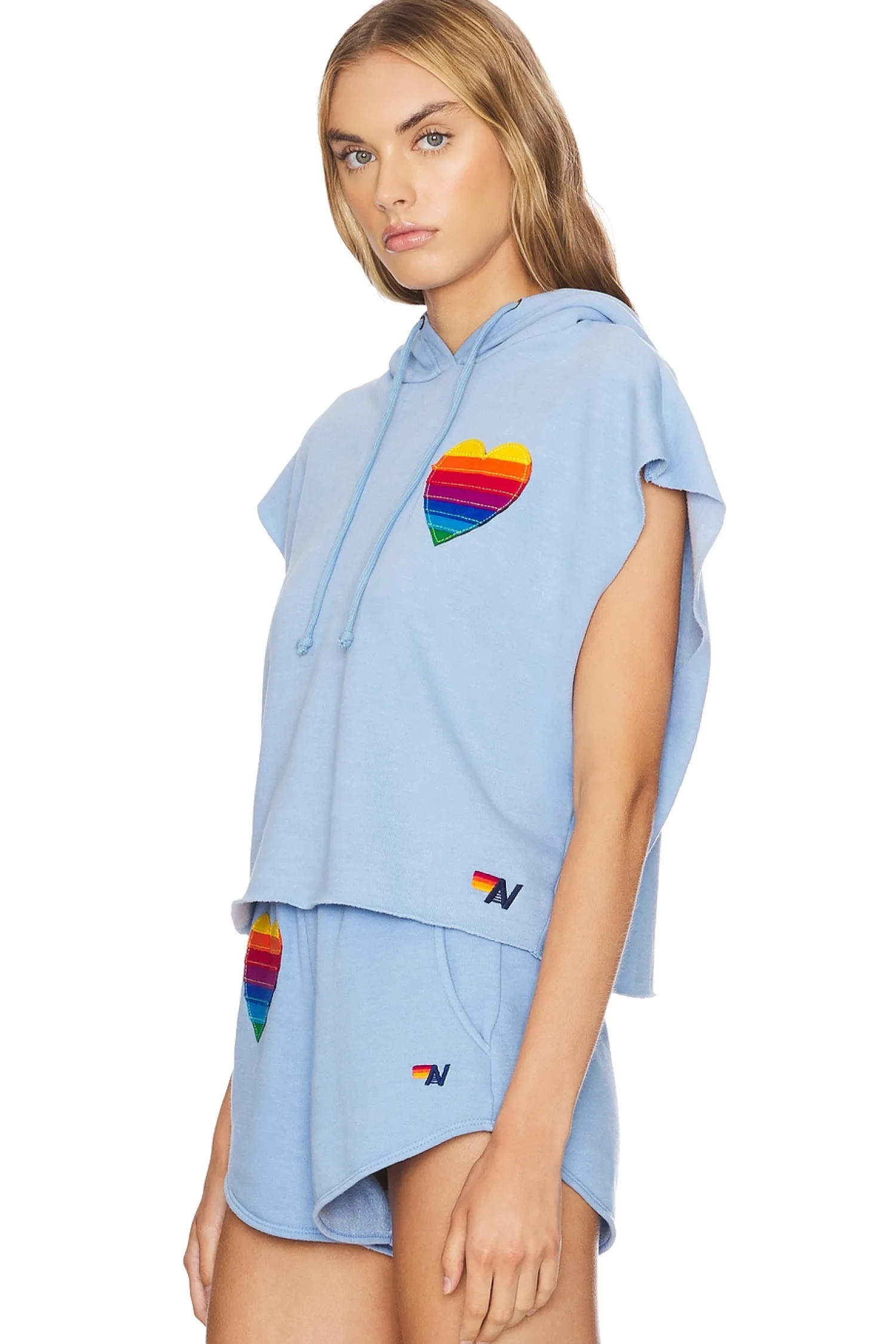 Women Aviator Nation Loungewear>Rainbow Heart Stitch Sleeveless Cropped Hoodie