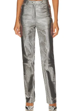 Women REMAIN Pants>Striped Leather Pants